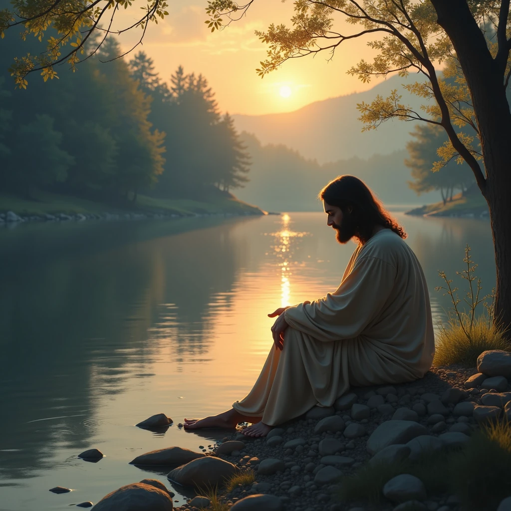 Create an image of a person sitting by a tranquil riverside at dusk. Jesus is beside them, His hand resting on their back as they gaze at the still waters. The scene radiates peace, symbolizing the comfort God provides in every trial.