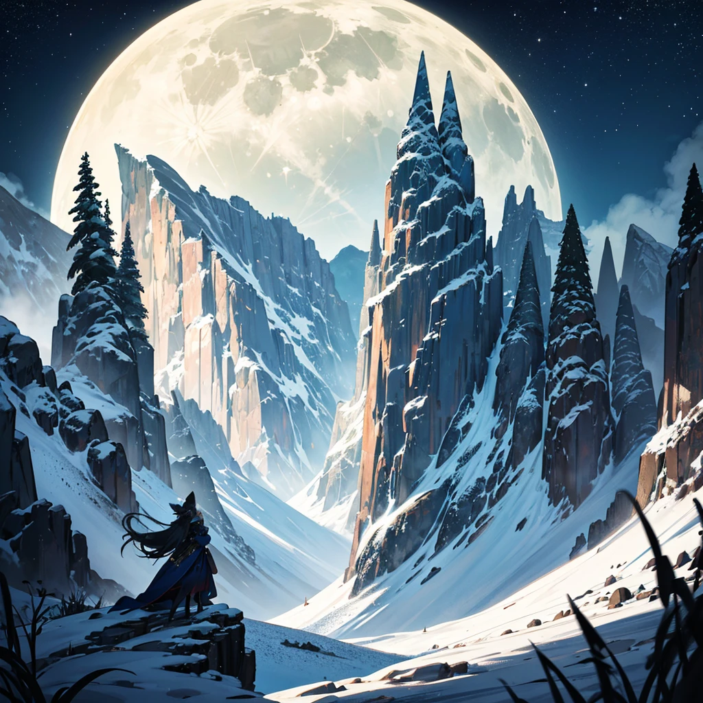 a majestic landscape in the dark. it is a full moon. mountains and hills in the background.