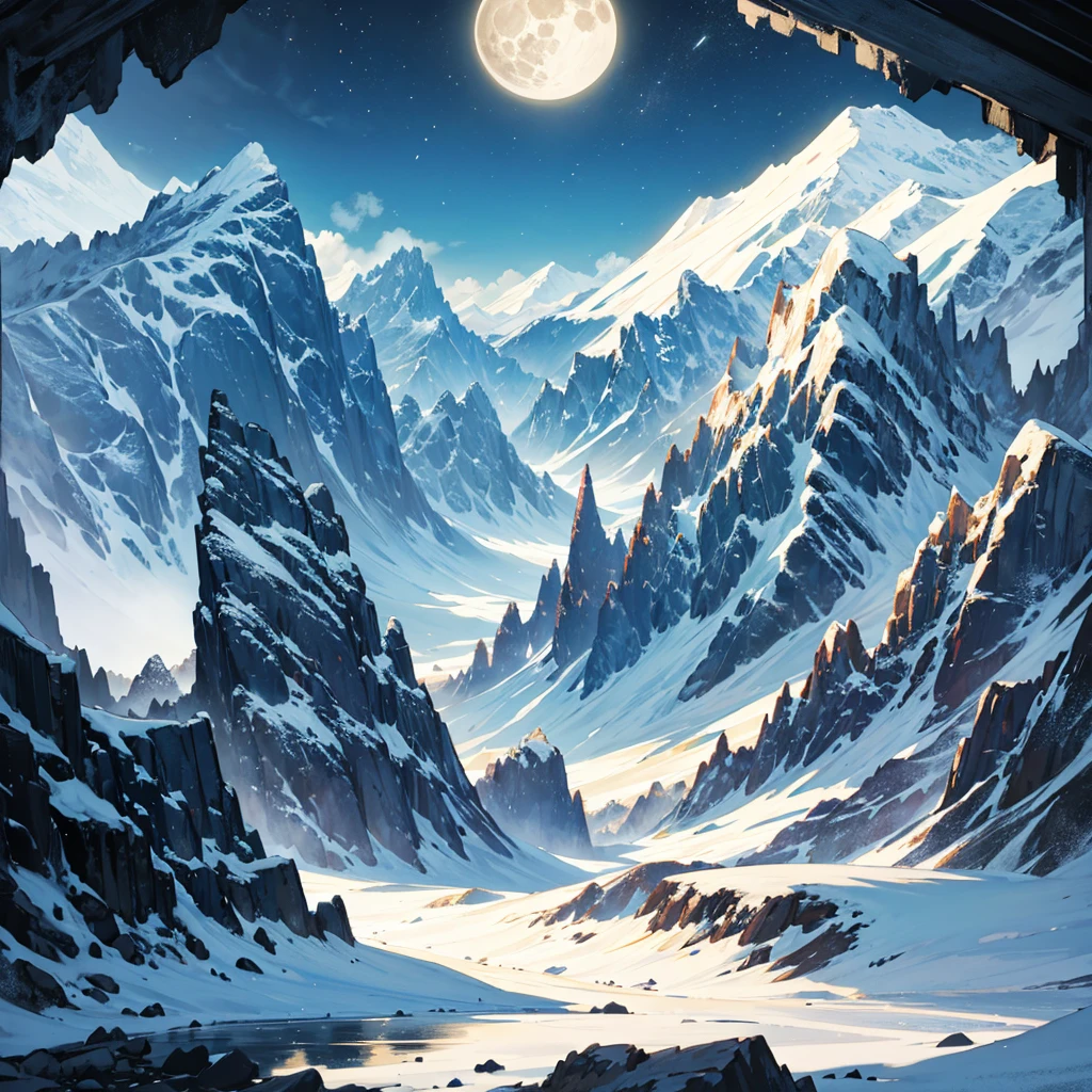 a majestic landscape in the dark. it is a full moon. mountains and hills in the background.