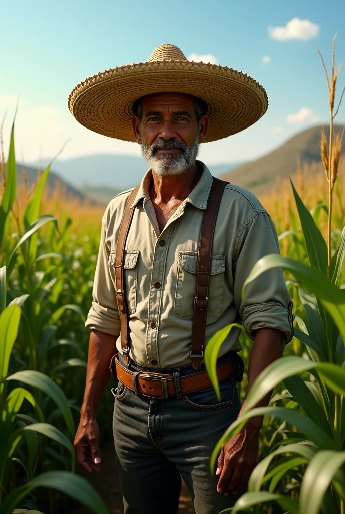 A mexican farmer with a sahuayo hat on a corn field