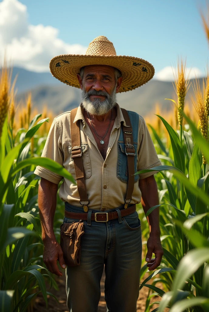 A mexican farmer with a sahuayo hat on a corn field