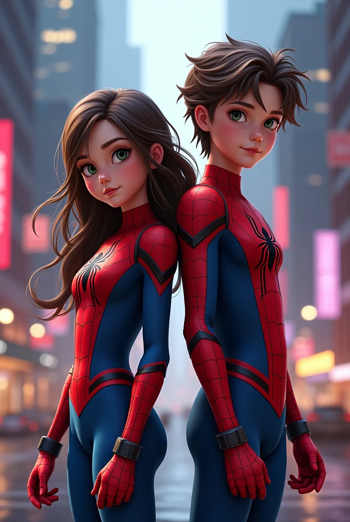 A girl dressed as Spider-Woman, with brown hair and dark green eyes, accompanied by a boy dressed as Spider-Man with blue eyes and brown hair.