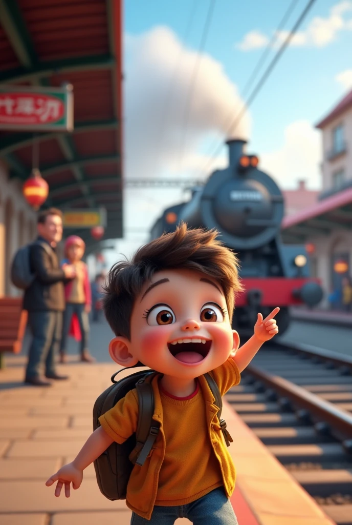 child happy going with train realis