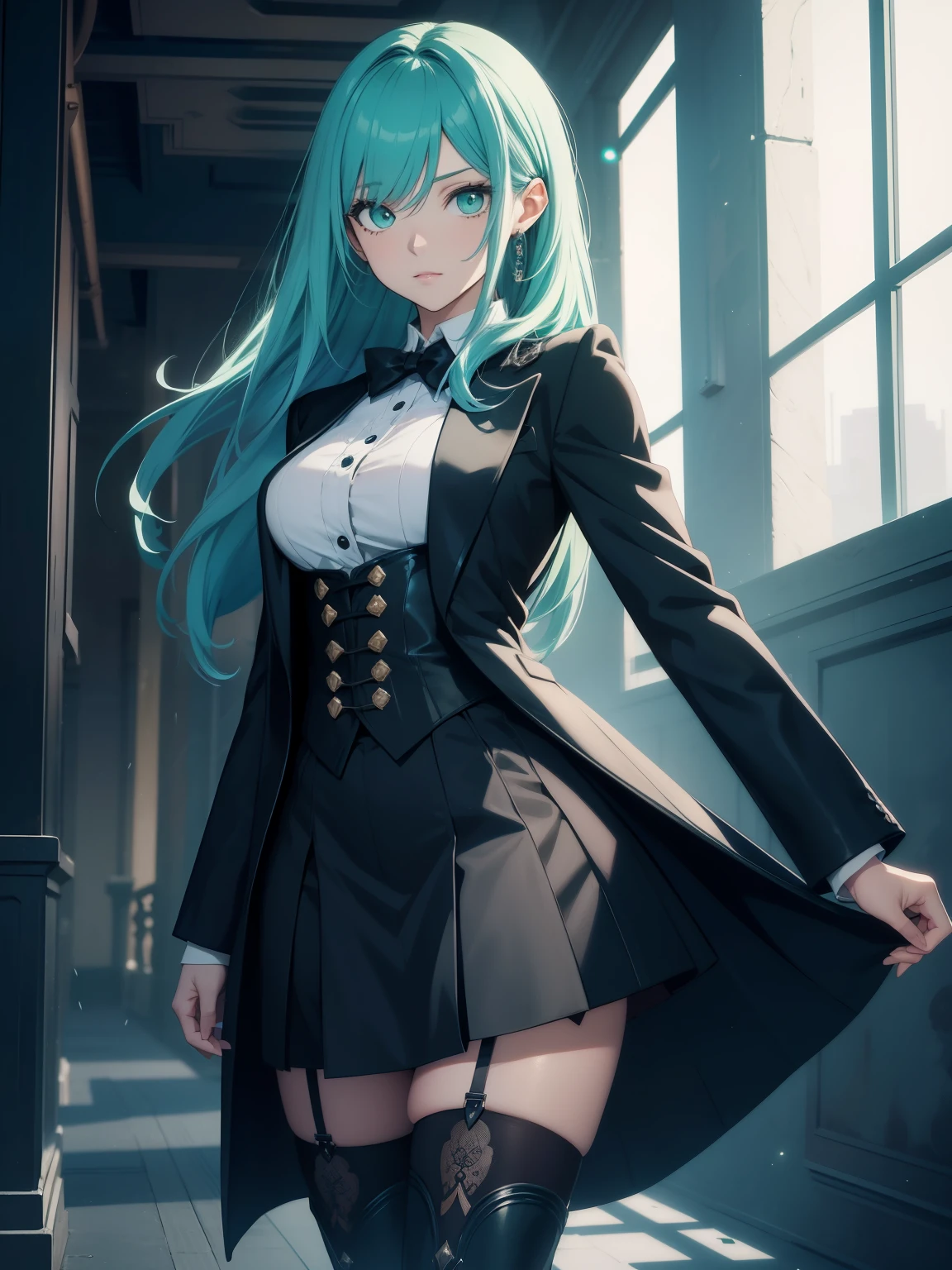 anime female character, shoulder length hair, medium turquoise color hair, bangs, green eyes, vest, boots, full body shot, pose, elegant, bangs, ouji fashion, "Black Butler" inspired outfit., butler outfit, suit, coat, anime, Gothic art, anime, Gothic art, masterpiece, anatomically correct, accurate, high details, highres, 4K, 8K, highres, 1080P, super detail, masterpiece, anatomically correct,