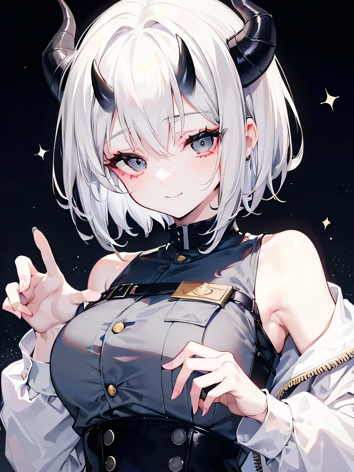 adult woman, White hair, (shoulder-length hair), ((grey eyes)), police uniform, cute face, Pretty appearance, kind look, Cozy atmosphere, kindness and positivity, nice smile, closed mouth, closed clothing, plain background, (horns), Demon Girl, short hair