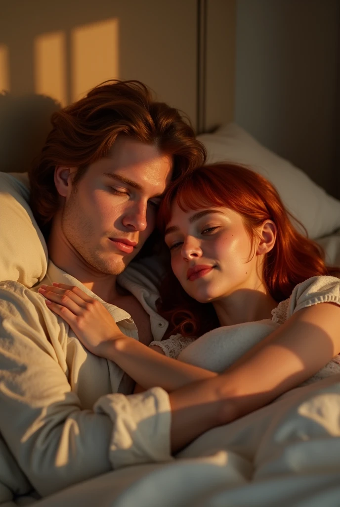 joe keery is cuddling his very beautiful, short, red headed wife. she has bangs and freckles that spread across her cheeks and nose. they are laying in a very comfortable bed in their cozy bedroom with soft lighting