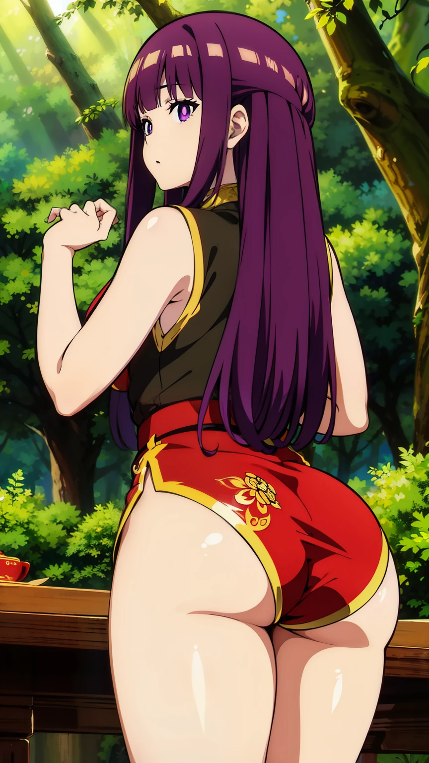 freirenfern, fern, purple hair, long hair, purple eyes, blunt bangs, goddess of beauty, ((perfect anatomy)), image from behind, bright pupils, (thick ass, one girl), bending over a table, (masterpiece, highest quality, high resolution, 8K:1.2), (anime), super resolution, highly detailed and beautiful, highly detailed beautiful girl, highly detailed face, highly detailed eyes, perfect anatomy, cowboy shot, highly detailed cg unity 8k, (chinese cheongsam, forest),