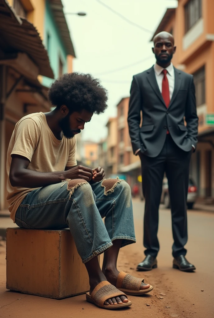 A poor guy with middle afro hair dressed in torn jeans and t-shirt, wearing bathing slippers, sitting on his small wooden box sewing leather shoe, and a rich african man in suit, standing infront of him, with his african female, in the african streets of a city