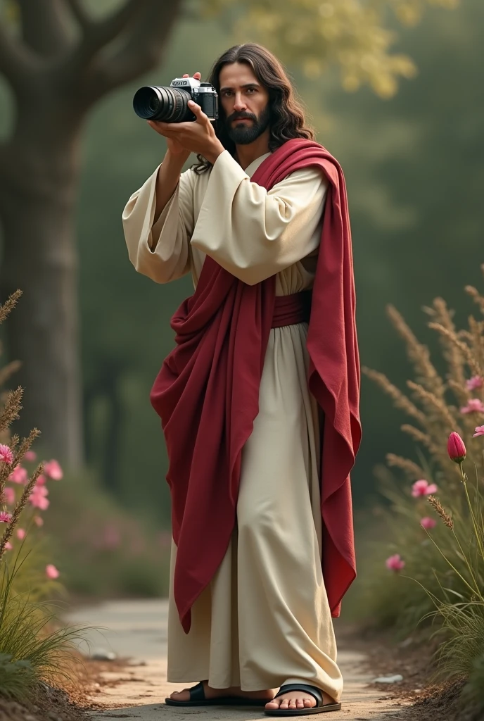 Jesus with a camera in his hands taking a picture
