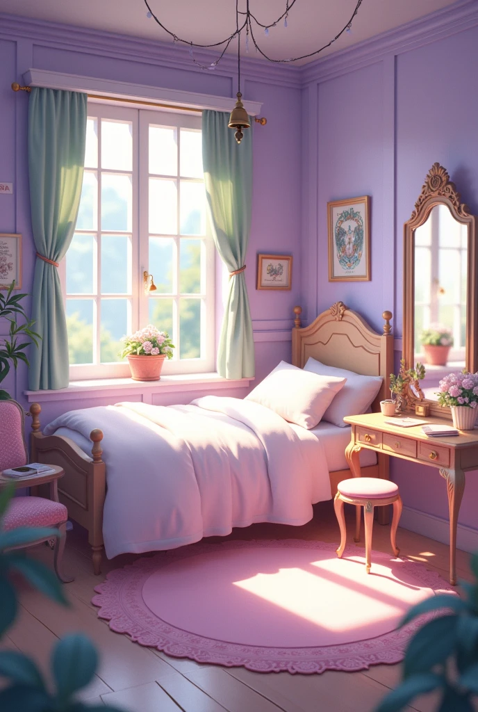 A bedroom with  fluffy bed,big window with bell hanging,  lavender  walls,study table,dressing table with long mirror,small bookshelf, a swing and flowers,vintage vibe