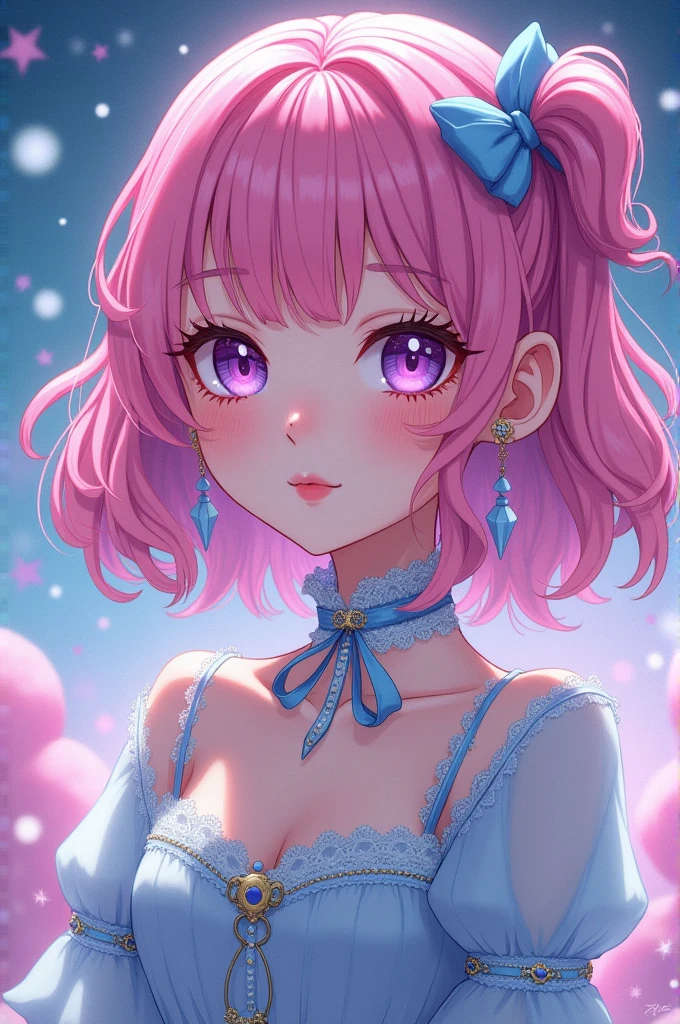 Max has pink half ponytail hair,
bright purple eyes and a light blue gothic clothing theme.
Their character type is dandere,
they love melonpan, they transform using! a makeup palette.