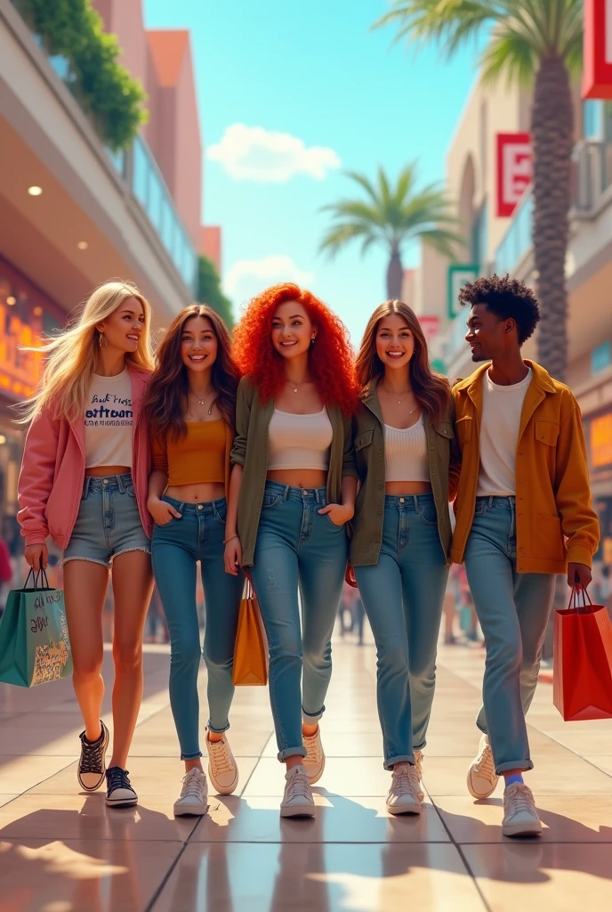 Five friends at the mall shopping, each one with an outfit that refers to the 2000s, and bags in hands, a blond, another redhead, two brunettes and an Asian 