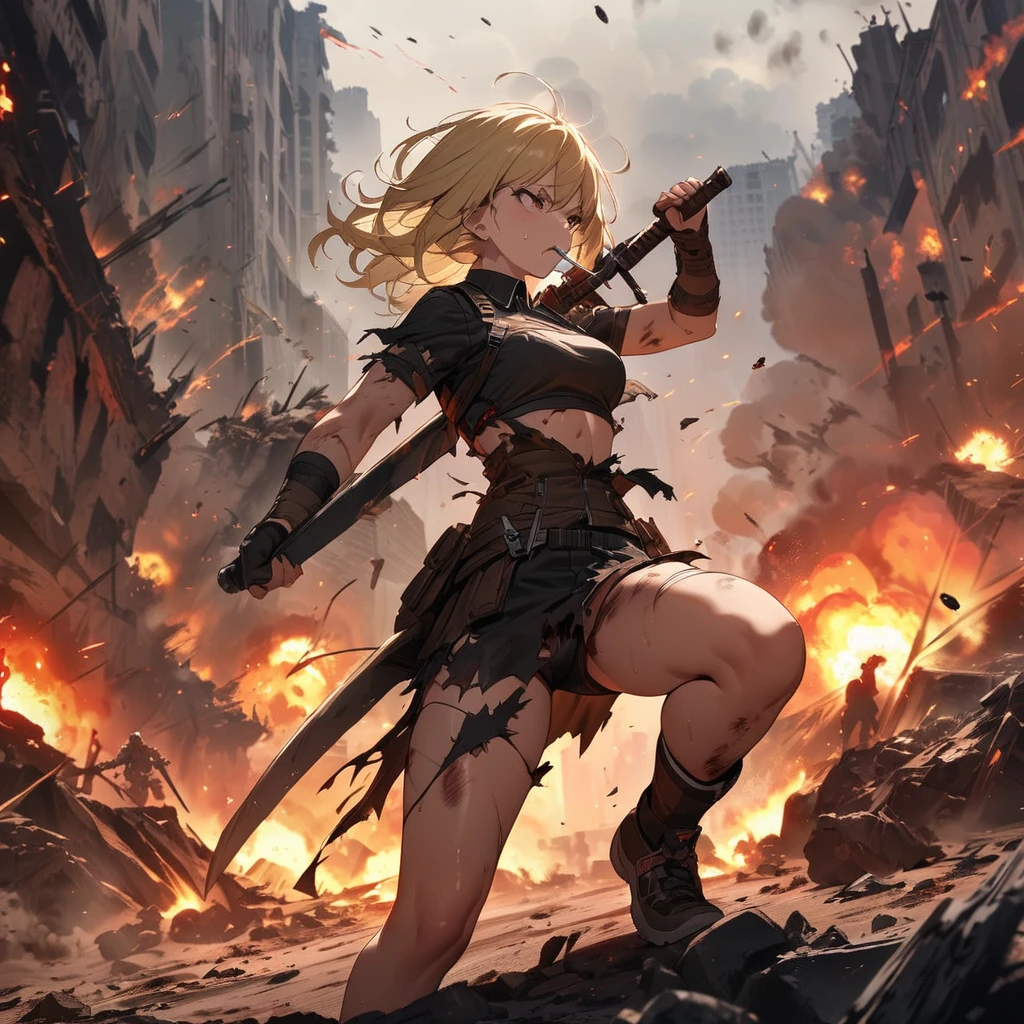 (masterpiece:1.5), (Highest quality), (Very detailed), (Very detailed), (One girl:1.2), (whole body:1.2), (young), (Blonde), (Weapons in hand), (War battle scene), (Bloody atmosphere), (cigarette), (fire), (cadaver), (Chaotic Background), (explosion), (Torn clothing), (A look of determination), (Sweat and dirt), (I was injured), (Dynamic pose), (Broken Armor), (Burnt landscape), (Combat Stance), (Smoldering Wreckage), (inflammation:1.3), (Battle cry), (Sounds of War:1.1)