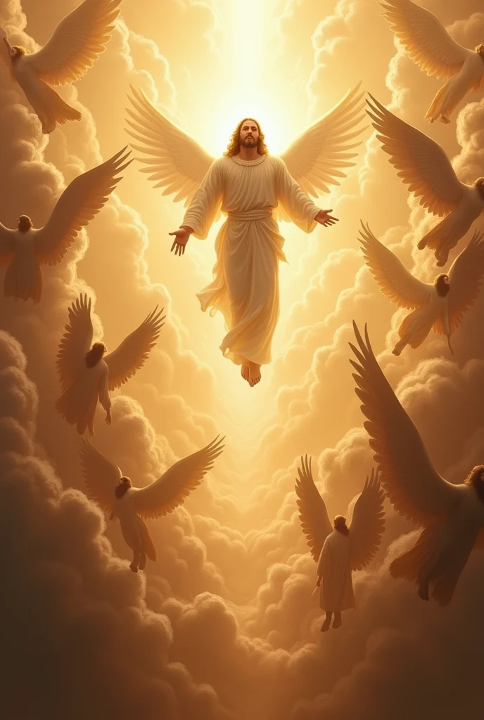 Create image of Jesus Returning and the heavens opened with thousands of angels with trumpets and Jesus with incredible glory