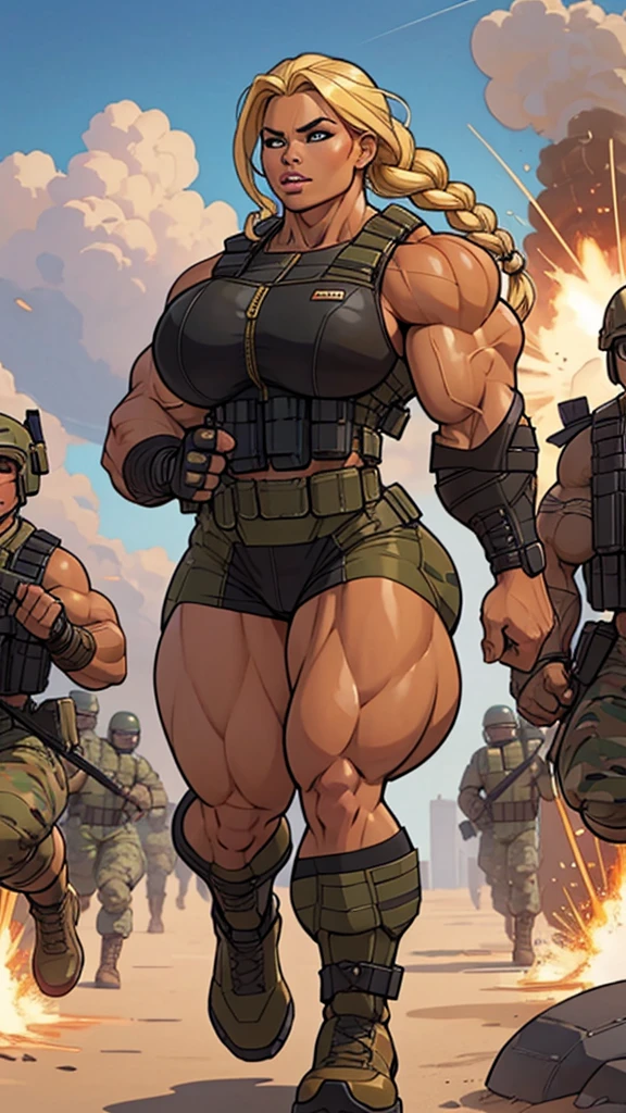 1girl, super soldier girl, coloured sketch, beautiful woman, blonde braided hair, extremely tanned, wearing special forces military suit, tactical vest, strong well defined muscle, bulky powerful bodybuilder physique, great muscle definition, perfect muscular body, massive muscular thighs, perfect round fake breasts, running in the mid of the battle, explosions,