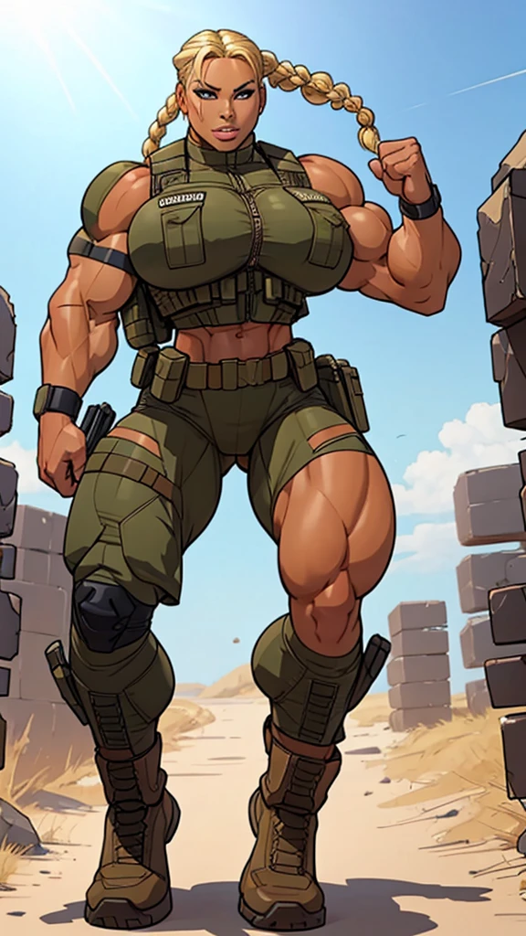 1girl, super soldier girl, coloured sketch, beautiful woman, blonde braided hair, extremely tanned, wearing special forces military suit, tactical vest, strong well defined muscle, bulky powerful bodybuilder physique, great muscle definition, perfect muscular body, massive muscular thighs, perfect round fake breasts, running in the mid of the battle, explosions,
