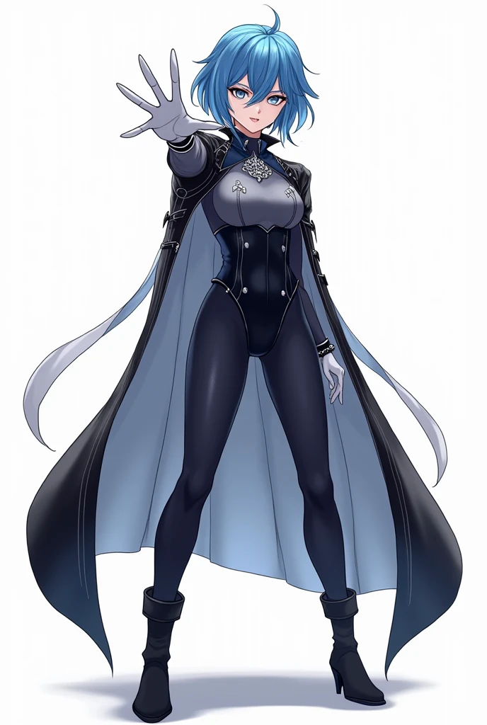 score_9, score_8_superior, score_7_superior, score_6_superior, score_5_superior, score_4_superior, Break Source_anime, White Background, One person, Clara, Blue Hair, Hair Tube, Grey Eyes, Pause, Hand in hand, View your viewers, Wicked Smile, white gloves, gloves, Bodysuits, Dark Emperor, boots,