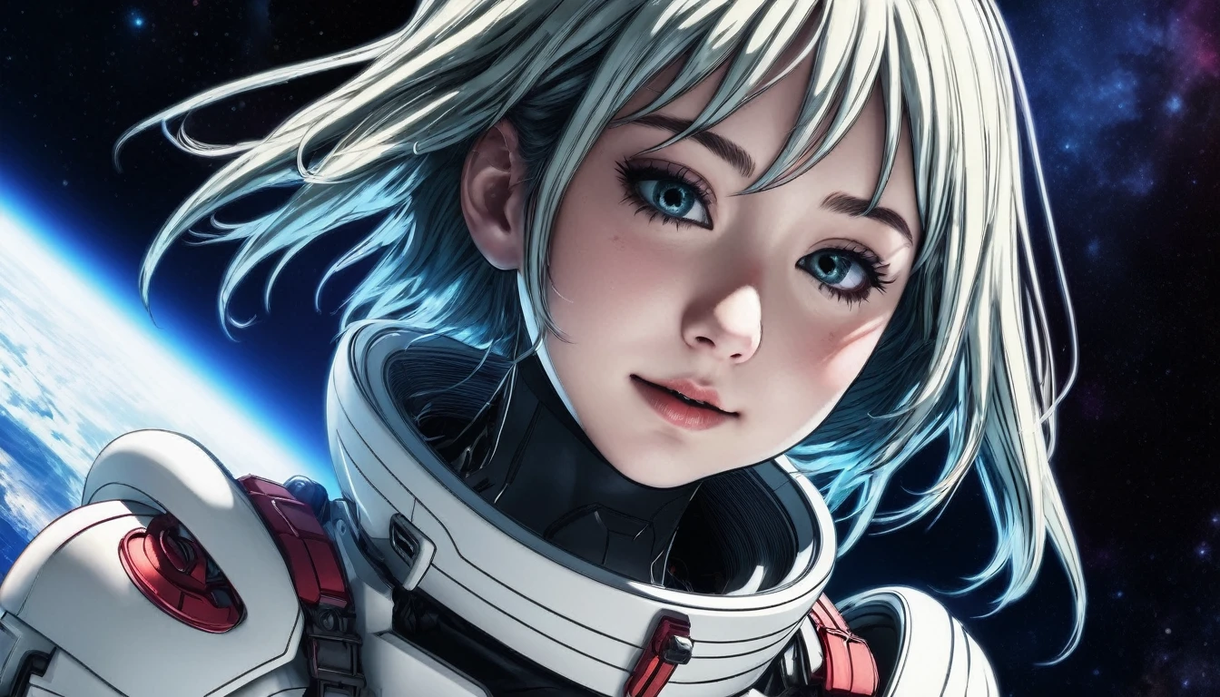 tsumugi from knights of sidonia closeup and floating in space with a happy expression