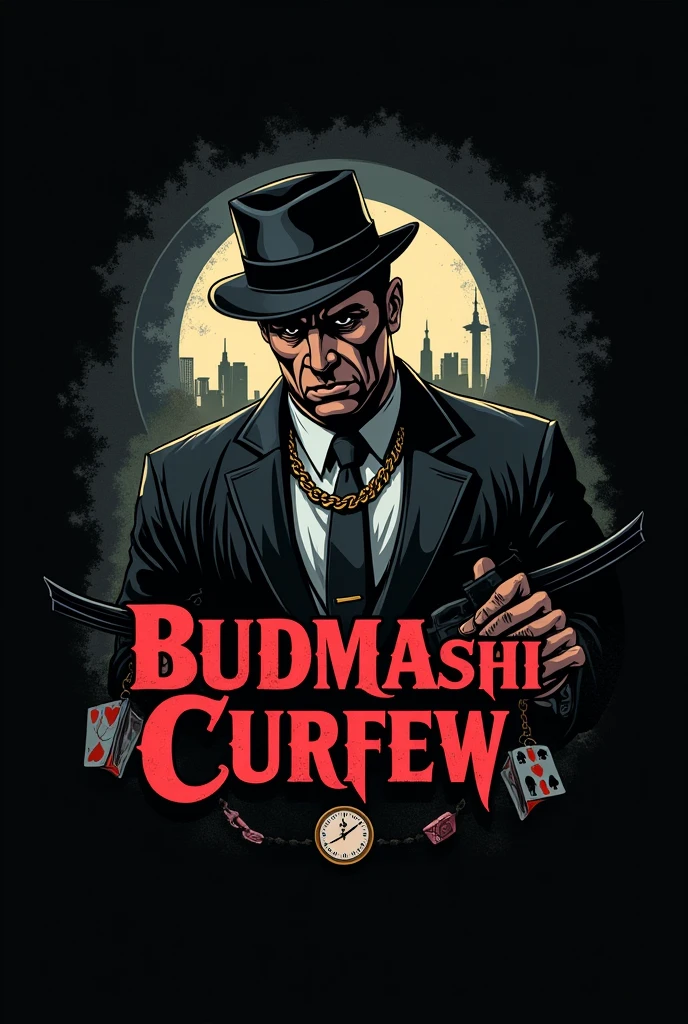 Create a logo of BUDMASHI CURFEW name with gangster pic
