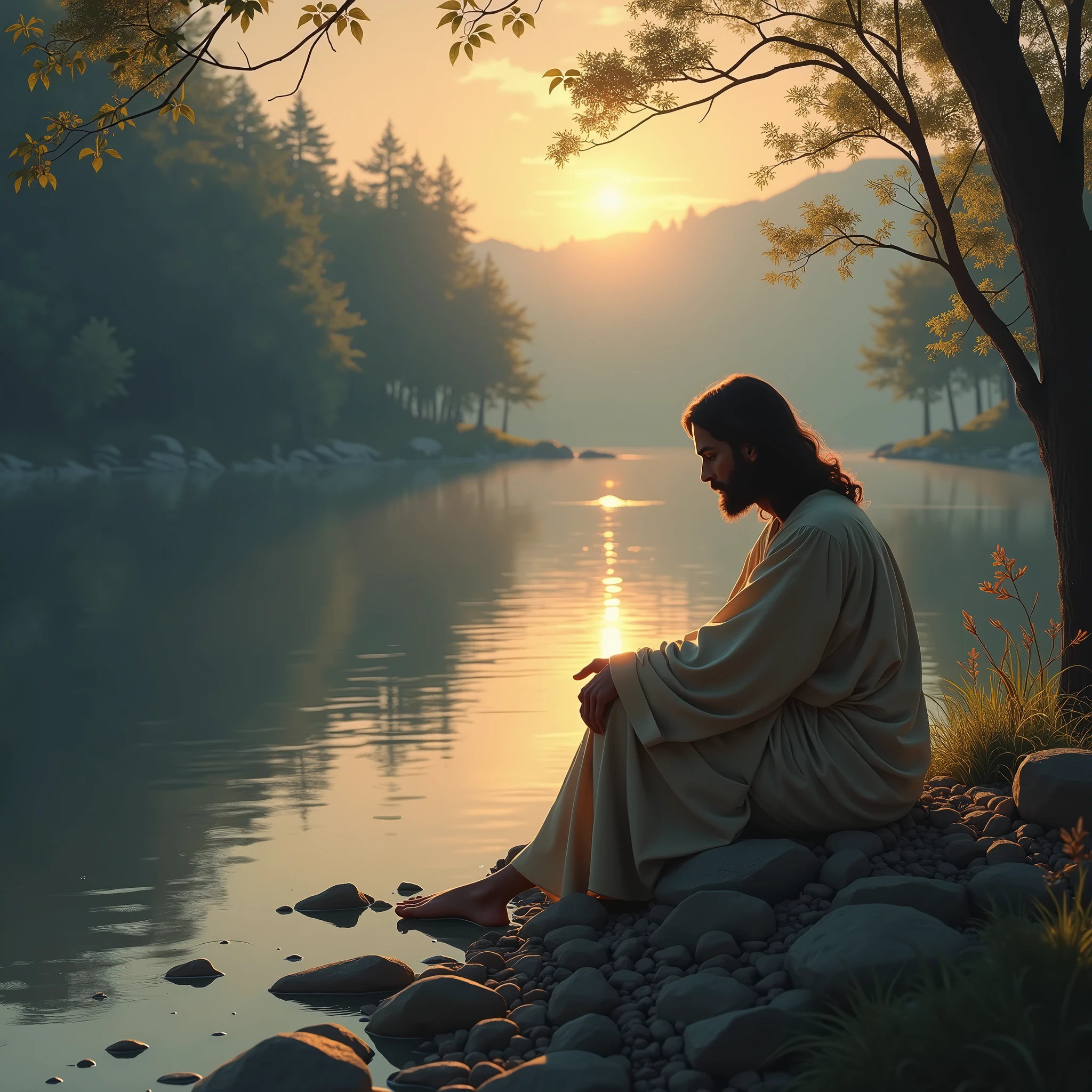 Create an image of a person sitting by a tranquil riverside at dusk. Jesus is beside them, His hand resting on their back as they gaze at the still waters. The scene radiates peace, symbolizing the comfort God provides in every trial.