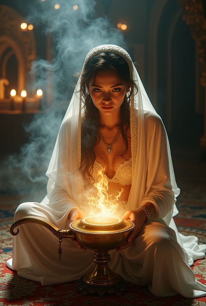 a gorgeous genie emerging from an oil lamp in a puff of smoke, beautiful detailed face and eyes, long eyelashes, ornate golden lamp, dramatic lighting, cinematic composition, highly detailed, intricate details, photorealistic, 8k, HDR, dramatic lighting, warm color palette, fantasy art, concept art, digital painting, chiaroscuro, harem pants, thin veil