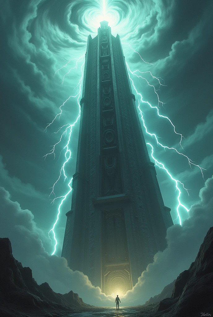 crie uma tower de tesla, releasing rays, villany (tower, similar to clash royale, the mobile game) and behind a storm with rain and tornadoes