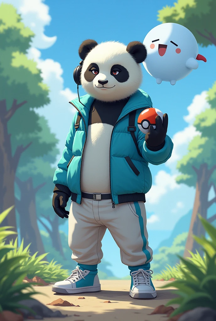 J'aimerais un panda humain, se trouvant dans le monde pokemon. Avec une veste blanc et bleu clair et un pantalon blanc et bleu clair, ded chaussures complètement blanche et un casque gaming sur la tête, tous en ayant un ectoplasma derrière lui et une pokeball dans la main droite. Il faudrait qu'il est le visage énervé.