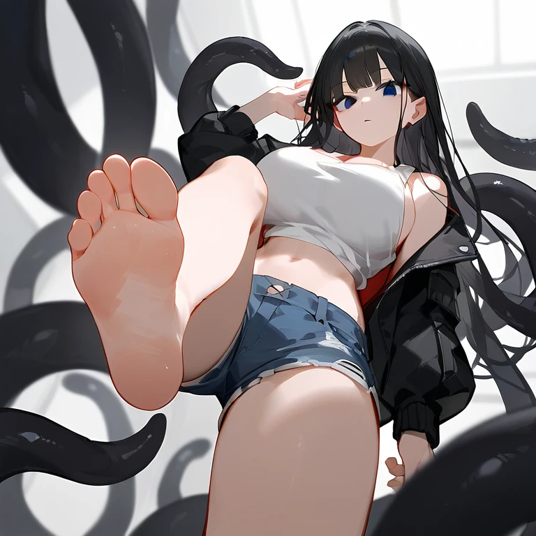 In the dark interrogation room,1 woman showing her feet,Black eyes,Black hair,White Belly Tank Top,Black jacket,Bangs, Long hair,齐Bangs, Denim shorts,Large Breasts(d),Solitary,Low Angle,Perfect feet,A big foot,Soles,Lift one foot,Stand on one foot,(youth),There are black tentacles behind,