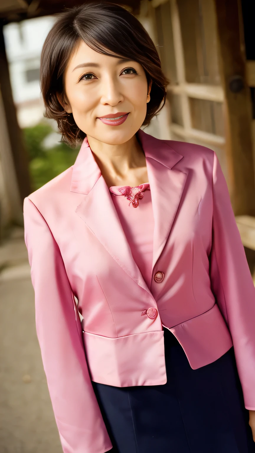 One Japanese woman, Commemorative photo of graduation ceremony、Cowboy Shot、Detailed face, Red lipstick, Captivating look, From the chest up, Highest quality, Very detailed, Perfect Anatomy, (Realistic facial wrinkles:1.1), (Wearing a light pink tight suit and pencil skirt:1.2), The inner layer is a silk cut-and-sew top、Short sleeve, Straight hair, 7, matury, smileell-shaped D cup breasts, In frthe school gate, Facing the camera、(Looking into the camera), (Shooting from below)