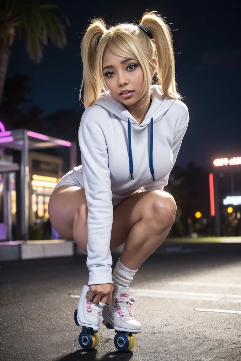 NSFW, naked pussy,1girl in, (Blue eyes), Sexy smile, ((In the name of Minaj)), wide hips, Big breasts, Big butt, (Best Quality, 8K, masutepiece: 1.3)), Clear focus: 1.2, Perfect Body Beauty: 1.4, Slender Abs: 1.2, Wet body: 1.5, Highly detailed face and skin texture, Detailed eyes, Double eyelids ((twintails blonde hair)), Long legs, ((insufficient_Hoodie)), Kneepads, roller, roller skates, skating, Extreme Sports, Jumping, Dynamic Pose, Full body, In the illuminated park at night, Big Long Shot