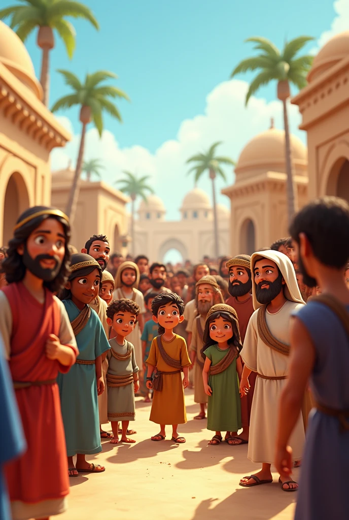 A horizontal animated children's image of a crowd from the time of Jesus looking towards the camera