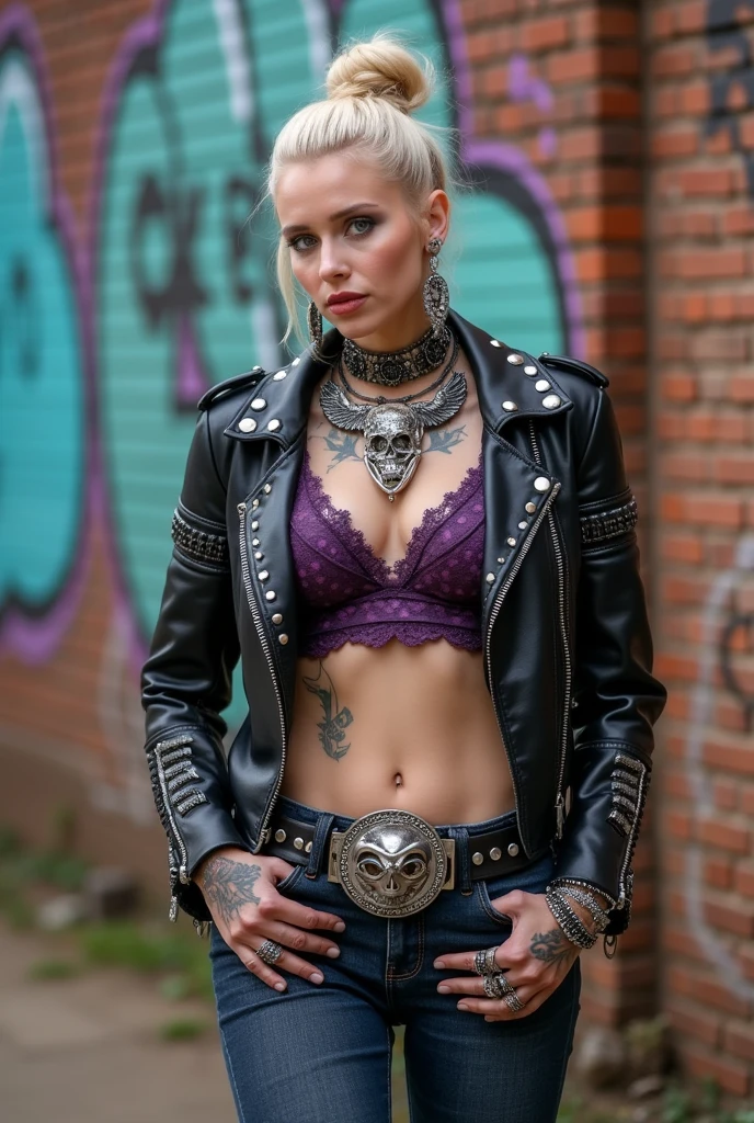 russian old milf woman, blonde hair (top bun), with very light blue eyes, extremely pale. Wearing studded black moto jacket with dark purple seams (and lots of side zippers and pins), dark purple lace push up bra (with white polka dots) and visible matching thong straps , dark skinny low rise blue jeans and pointy silver Chelsea boots with cuban heels . Lots of thick wide studded bracelets, chain collars and big rings. Tacky wide studded leather belt with big skull and bones round buckle. Long earrings with feathers. Standing up, humble facial expression. Hands in jeans pockets, showing off bracelets and rings. Tattoo of spread wings on lower belly.. Listening in amazement to somebody speaking to her, toned abdominals, thin neck, slim legs and thin arms. Narrow hips. Pierced belly button Tattoed heavily. Graffitied brick wall in Nairobi