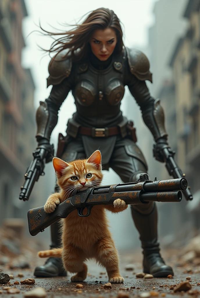 War kitten with shotguns and is angry with a big ass woman next to him