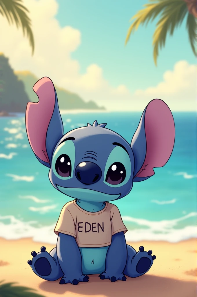 stitch too cute next to the sea with a t-shirt written eden