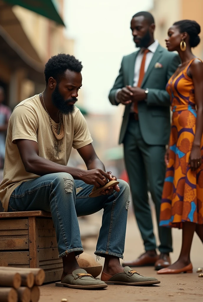 A poor guy with middle afro hair dressed in torn jeans and t-shirt, wearing bathing slippers, sitting on his small wooden box sewing leather shoe, and a rich african man in suit, standing infront of him, with his african female girlfriend, in the african streets of a city