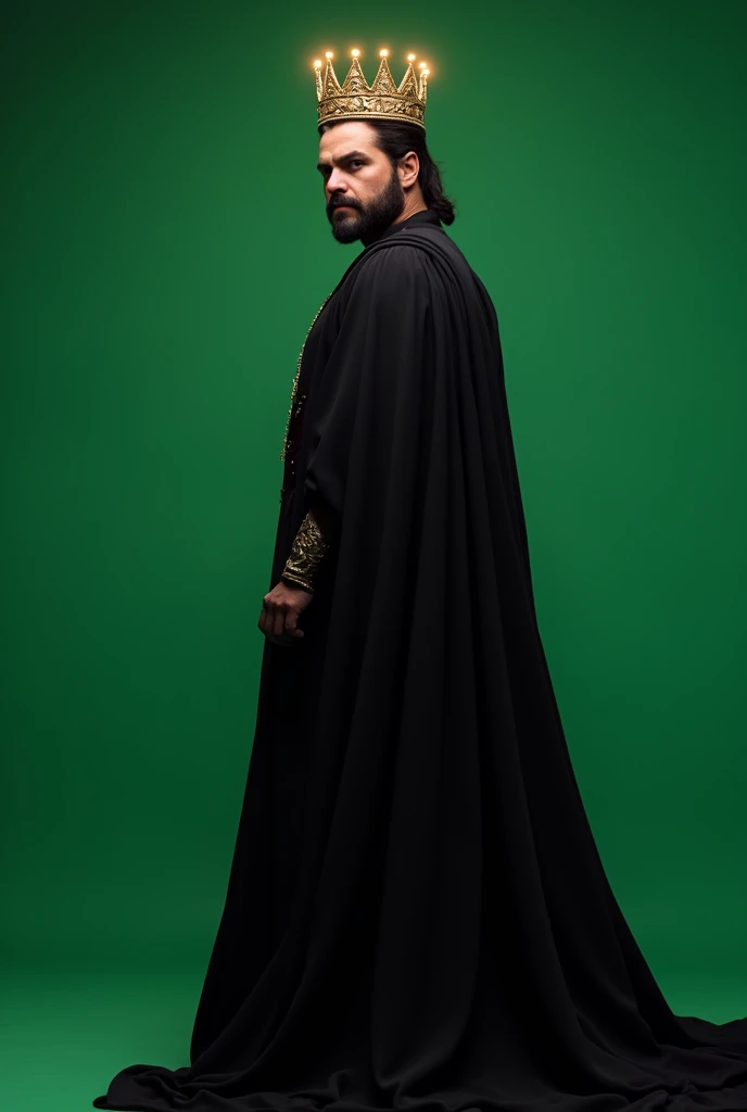 crown on the head ,A King with black dress, side full viewed , long view
, plain green screen background