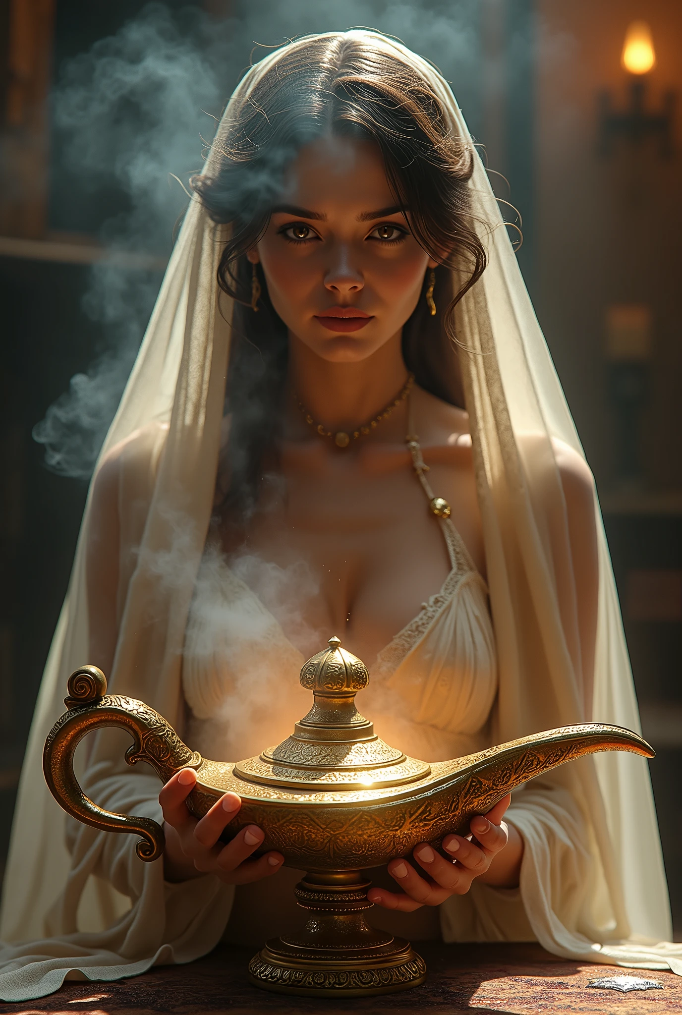 a gorgeous genie emerging from an oil lamp in a puff of smoke, beautiful detailed face and eyes, long eyelashes, ornate golden lamp, dramatic lighting, cinematic composition, highly detailed, intricate details, photorealistic, 8k, HDR, dramatic lighting, warm color palette, fantasy art, concept art, digital painting, chiaroscuro, harem pants, thin veil