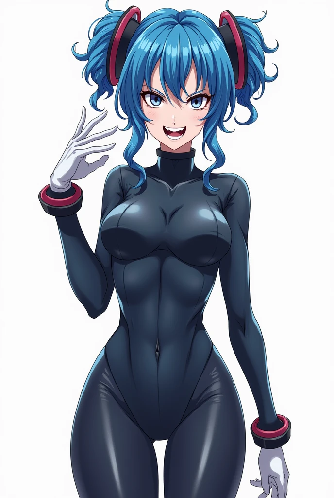 score_9, score_8_up, score_7_up, score_6_up, score_5_up, score_4_up, BREAK source_anime, white background, 1girl, clara, blue hair, hair tubes, grey eyes, pose, holding hands, looking at viewer, evil grin, white gloves, gloves, bodysuit, dark emperors, boots, 