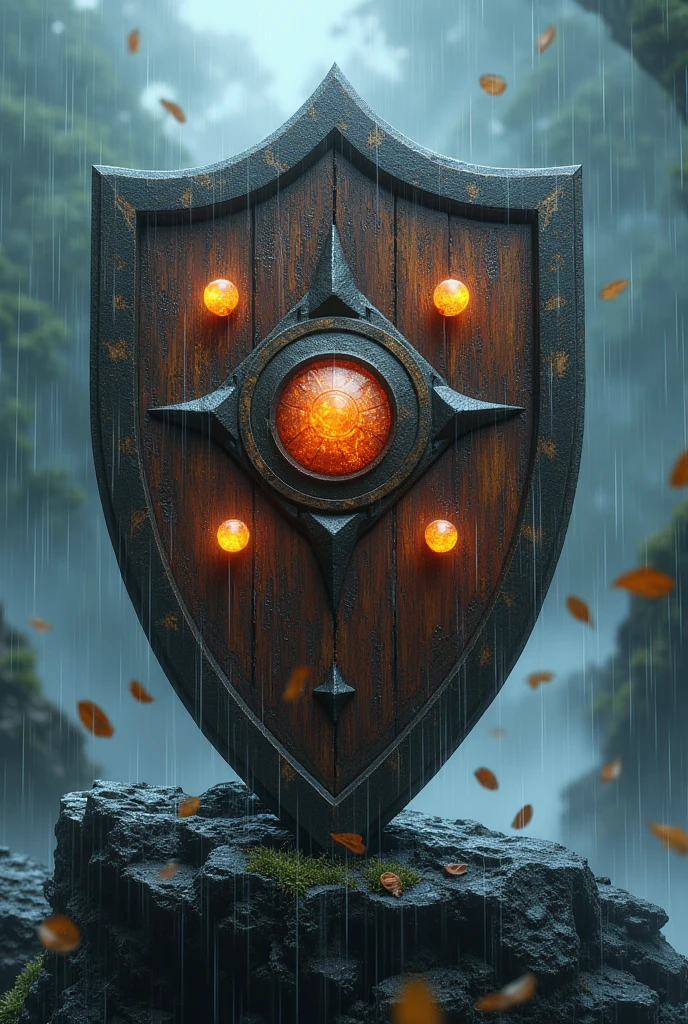 Earth power included wooden sharpe shield on black rock with heavy rain and thunder weather condition, There should be five different mini gems on the shield. With some leafs on flaying on air with heavy rain