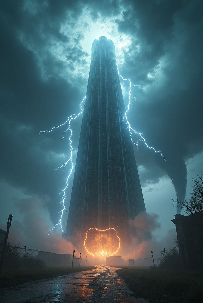 create a tesla tower, releasing rays, electricity and behind a storm with rain and tornadoes