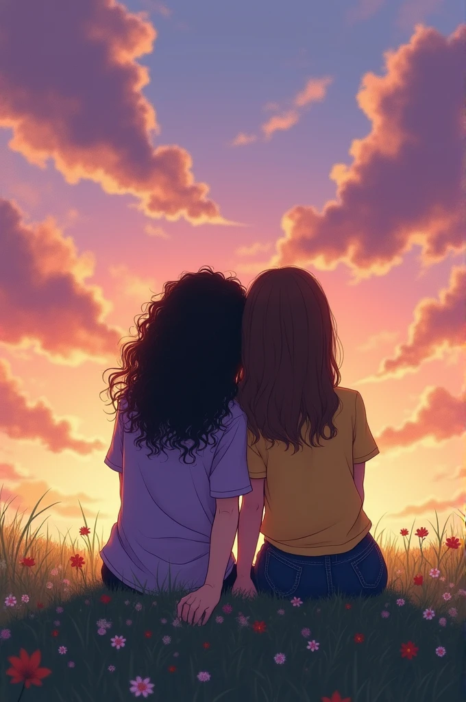 a sky at dusk,with a gradient from pink to orange and yellow, that have clouds that appear to be purple,and you can see the grass with little flowers,now add more details,leave figurative mebos,now add two girls with their backs facing the view so you can't see their faces,sitting on the grass, holding hands, one has her head lying on the other's shoulder , one of the girls has curly black hair,black and is wearing a lilac blouse, while the other is white and has brown hair down to her waist, and wears a short yellow blouse, and now make them a little higher