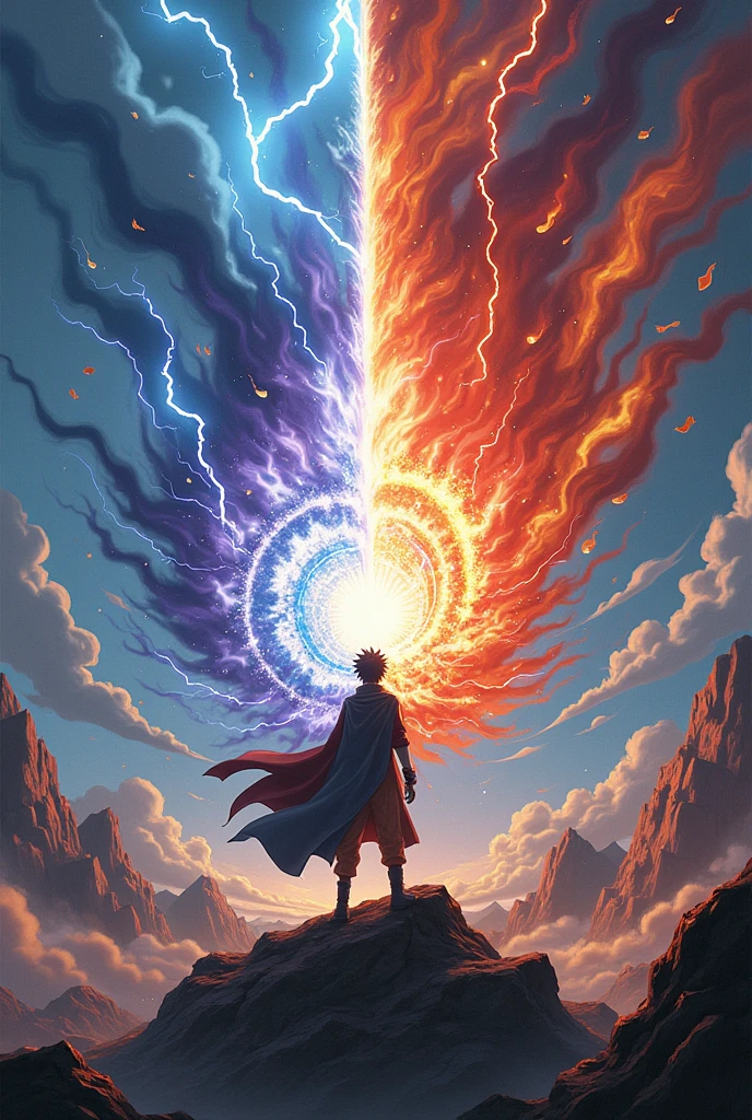 2D, anime, Reimagine the most epic battle of Naruto as a visually stunning and dramatic scene. Picture Naruto Uzumaki and Sasuke Uchiha locked in a fierce, climactic duel atop a crumbling mountain peak, with a vast, stormy sky swirling above them. Naruto, in his Sage of the Six Paths form, is unleashing a massive Rasengan, its energy crackling with vibrant blues and whites, while Sasuke counters with a colossal Chidori, glowing with intense purples and blacks.
Surround them with swirling, dynamic elements of their respective powers: Naruto’s aura is a dazzling mix of golden and crimson energy, while Sasuke’s is a dark, electrifying haze. Add visual effects like lightning, energy shockwaves, and debris flying from their intense clash. In the background, incorporate a shattered, panoramic view of Konoha and distant battle scenes to convey the scale and impact of their confrontation.
Include dramatic lighting that casts stark contrasts and emphasizes the explosive nature of their battle. Add a caption like “The Final Clash: Naruto vs. Sasuke – The Ultimate Test of Power and Will” in bold, fiery text to highlight the gravity and intensity of the battle.