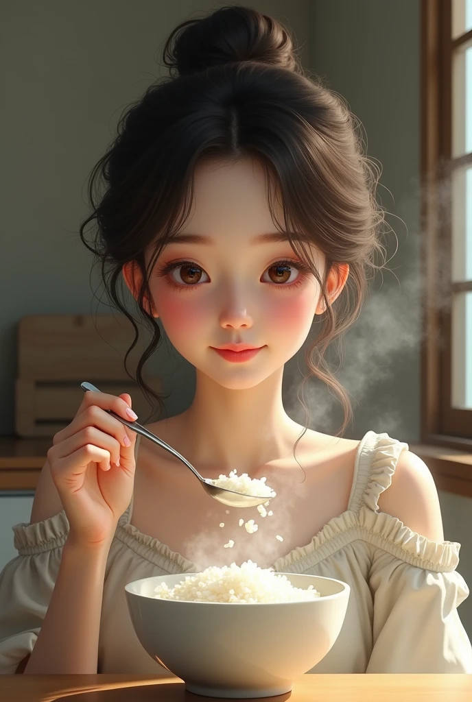 A beautiful girl eating rice