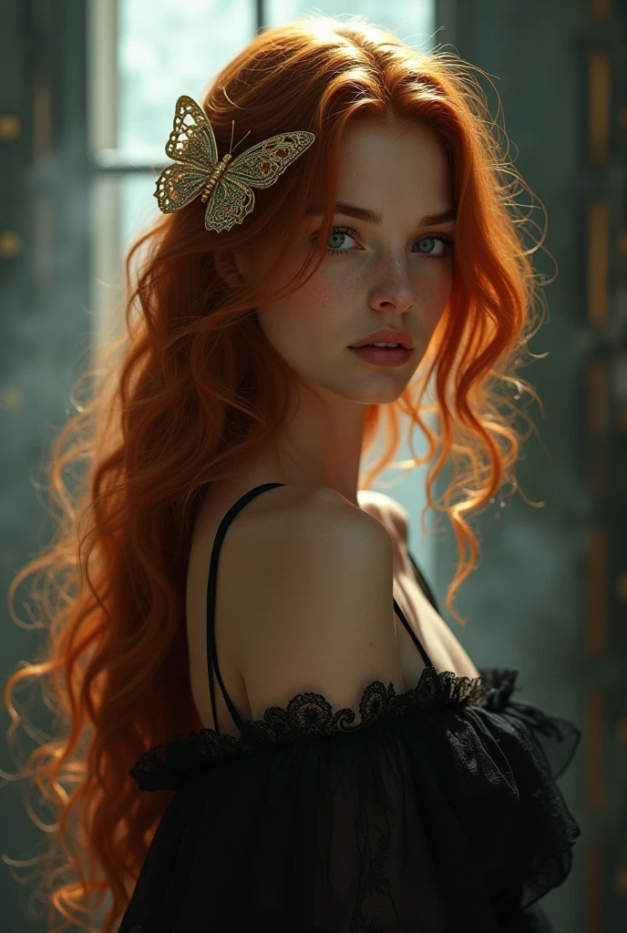 (solo, full body photo:1.3), (action packed:1.3), (haze, fog, mist:1.3), chiaroscuro, best quality, photorealistic, 1woman, (cute), (24yo:1.2), redhead, long ginger hair highly detailed, 1700'S, digital photography, art by artgerm and ruan jia and greg rutkowski surreal painting gold butterfly filigree, broken glass, (masterpiece, sidelighting, finely detailed Fashionable eyes: 1.2) (perfect oval large eyes that gazes at the viewer), beautiful detailed face, blue gorgeous perfect eyes, (blonde hair ponytail), (attractive young woman:1.3), (thick amazing hair), (seductive:1.1), (blushing:1.1)