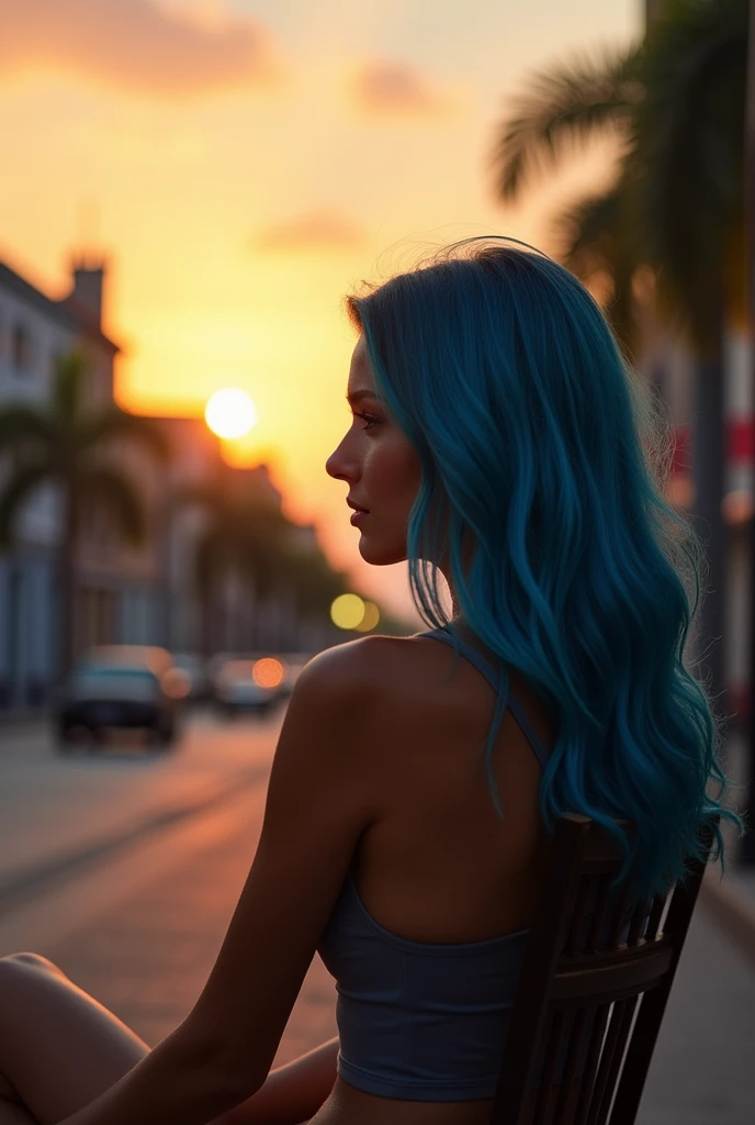 russian woman, 20 year, hair blue, streets of Brazil, sunset, sitting on the chair,