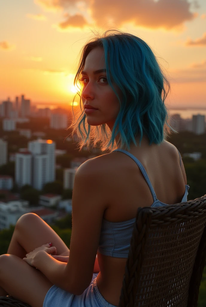 russian woman, 20 year, hair blue, streets of Brazil, sunset, sitting on the chair,
