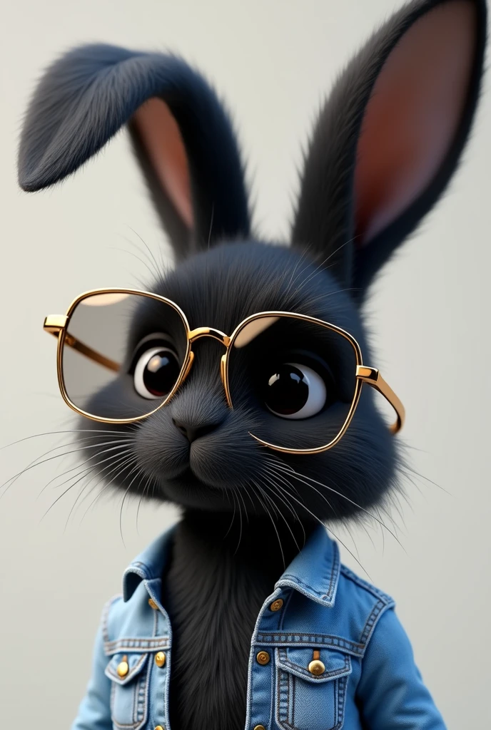 Create a black bunny with gold orange rimmed glasses, and that the lenses have black glass, with a light blue jean jacket