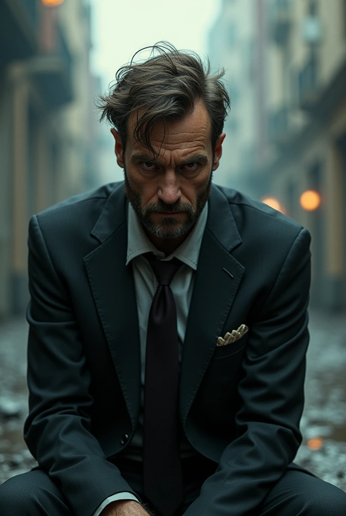 45-year-old man, short brown hair, red eyes, suit, 3-day beard, sad, alcoholic, nice 