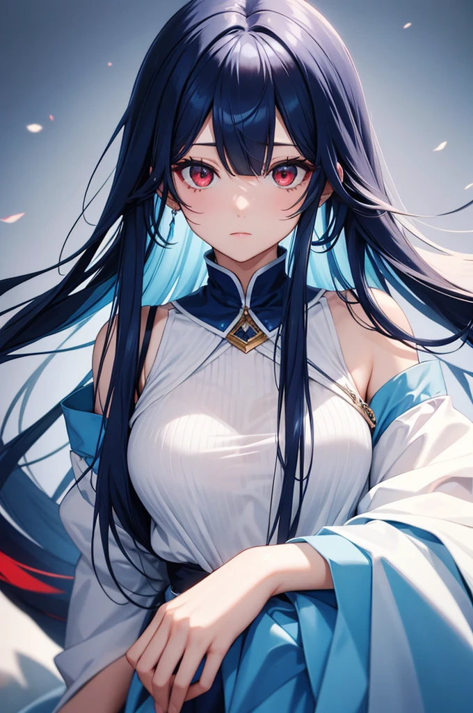 Blue colored long hair、Center parted bangs、Red eyes