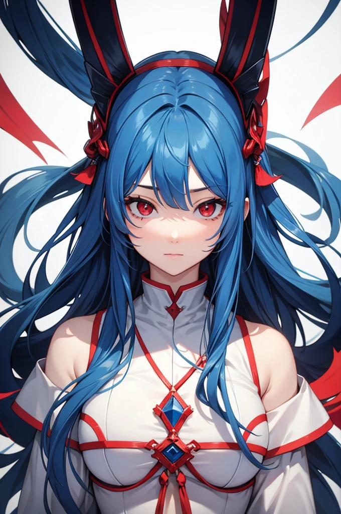 Blue colored long hair、Center parted bangs、Red eyes
